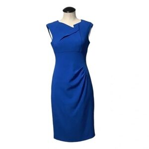 ADRIANNA PAPEL | Asymmetrical neck, lapsis blue sheath dress, ruched waist, sz 4
